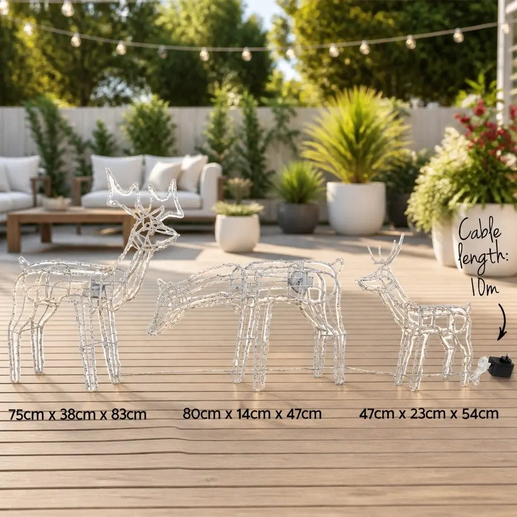 3 Piece LED Christmas Reindeer Outdoor Decorations Cold White Lights 3D Multicoloured