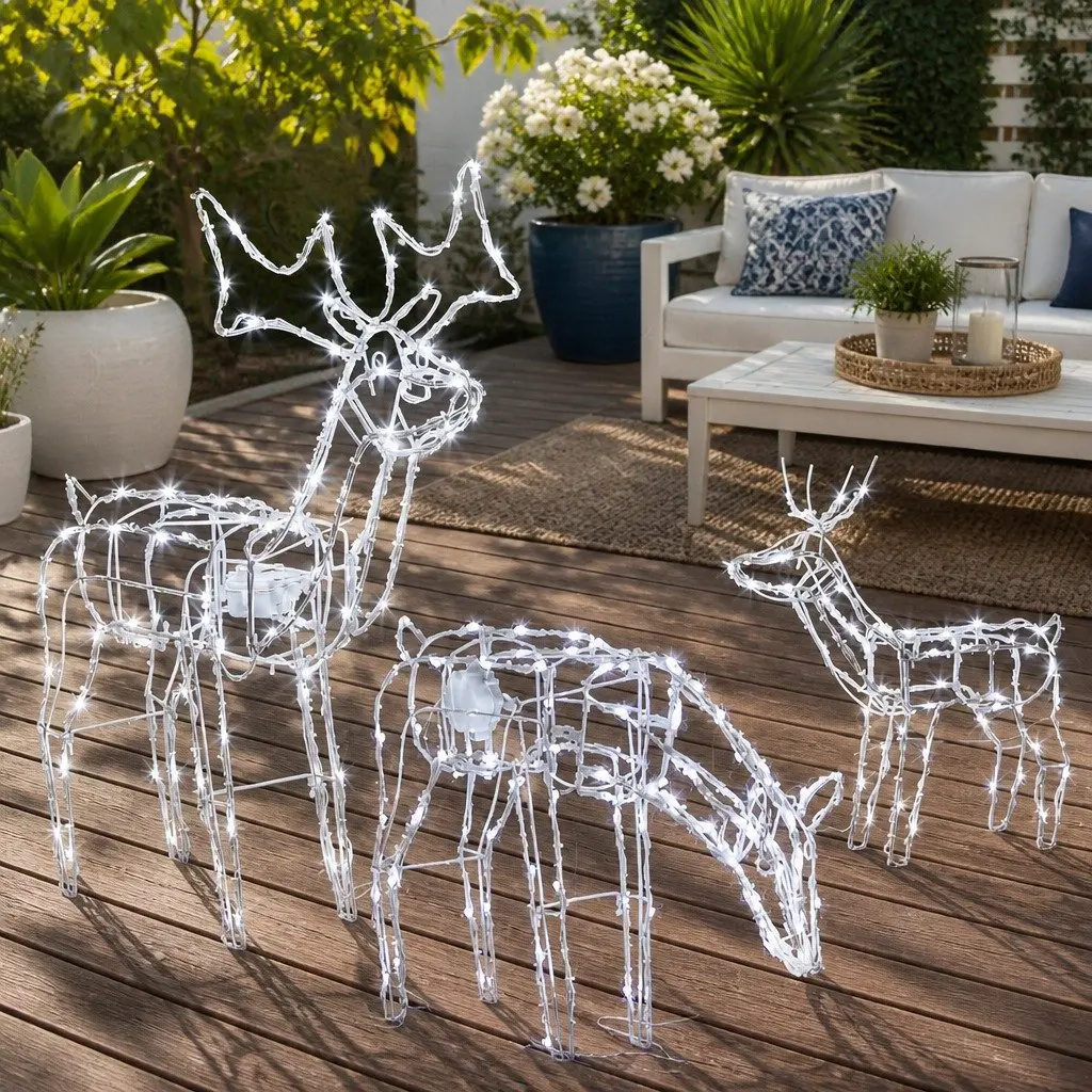 3 Piece LED Christmas Reindeer Outdoor Decorations Cold White Lights 3D Multicoloured
