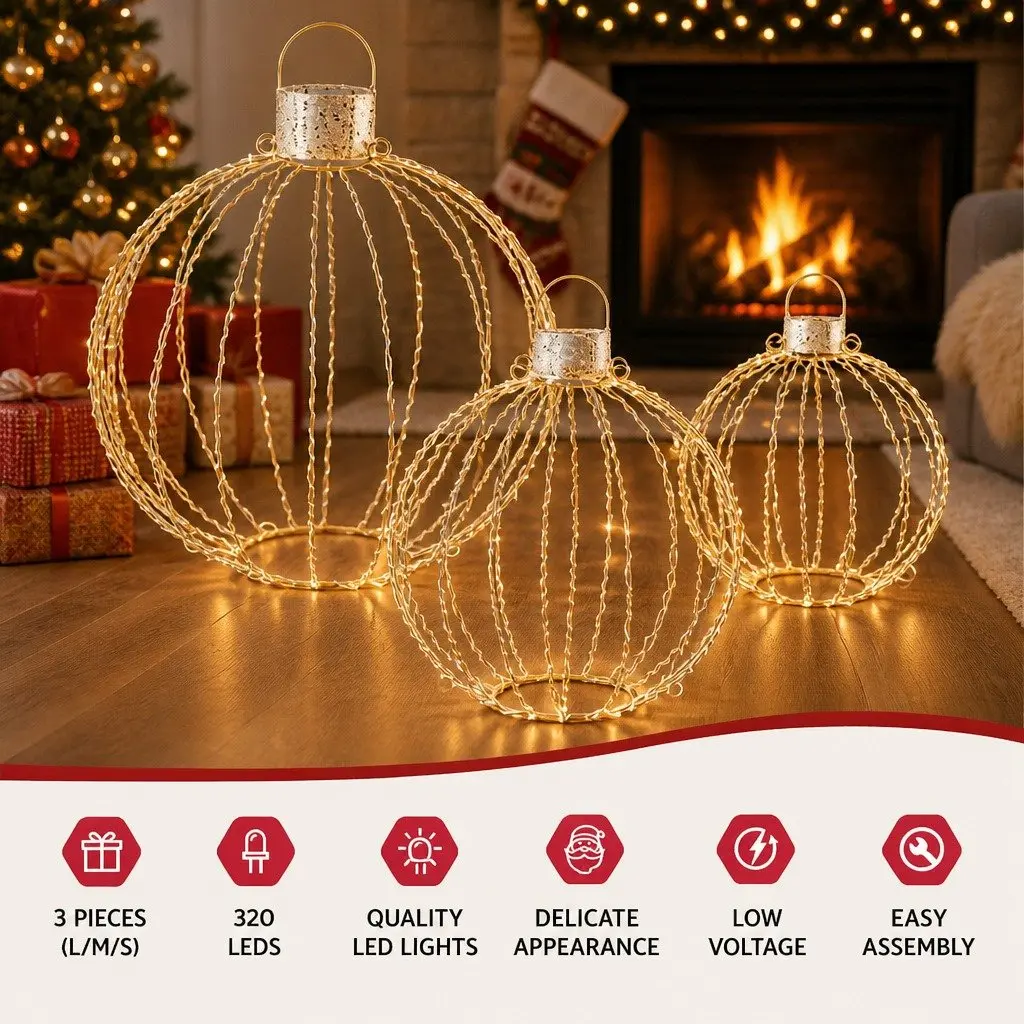 Christmas Light Set LED Warm-White 320 Bulbs 3 Ball Decorations Gold