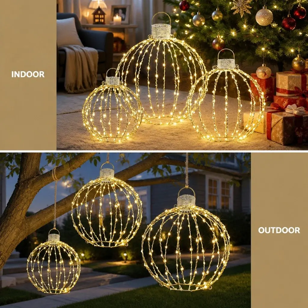 Christmas Light Set LED Warm-White 320 Bulbs 3 Ball Decorations Gold