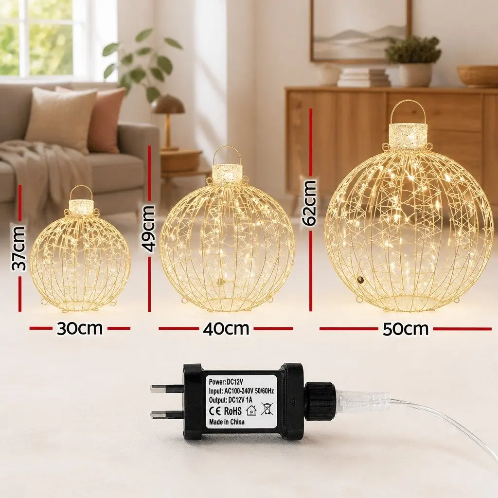 Christmas Lights 360 LED Light Ball Outdoor Indoor Decorations 3 Piece Warm White Waterproof Steel Frame