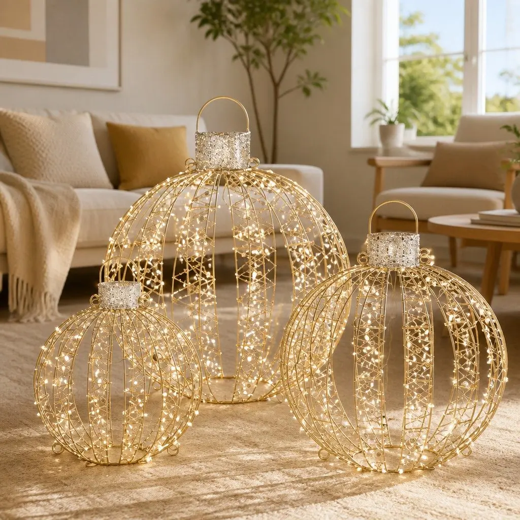 Christmas Lights 360 LED Light Ball Outdoor Indoor Decorations 3 Piece Warm White Waterproof Steel Frame