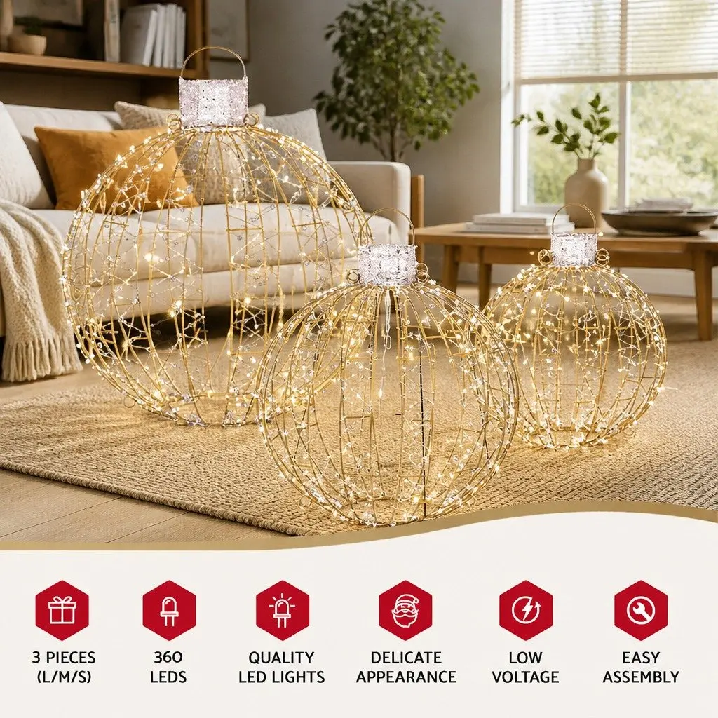 Christmas Lights 360 LED Light Ball Outdoor Indoor Decorations 3 Piece Warm White Waterproof Steel Frame