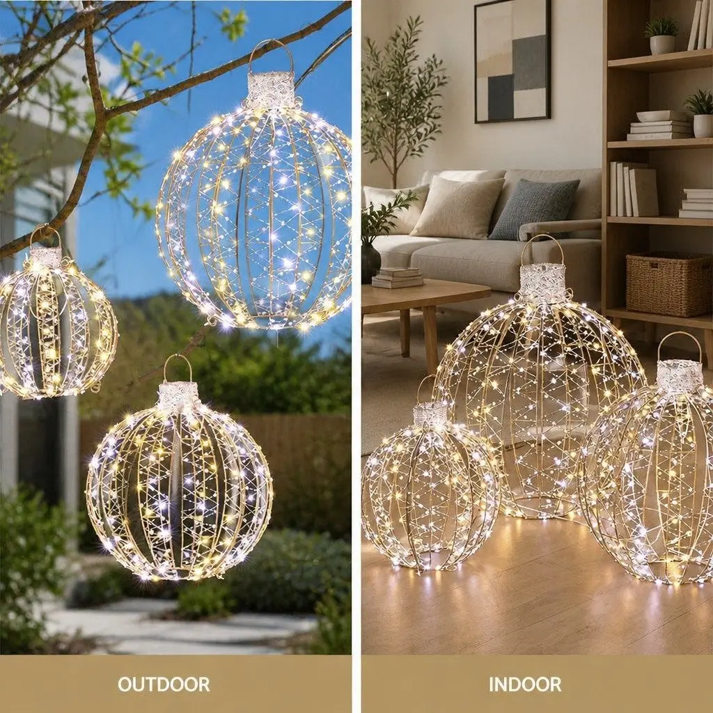 Christmas Lights 360 LED Light Ball Outdoor Indoor Decorations 3 Piece Warm White Waterproof Steel Frame