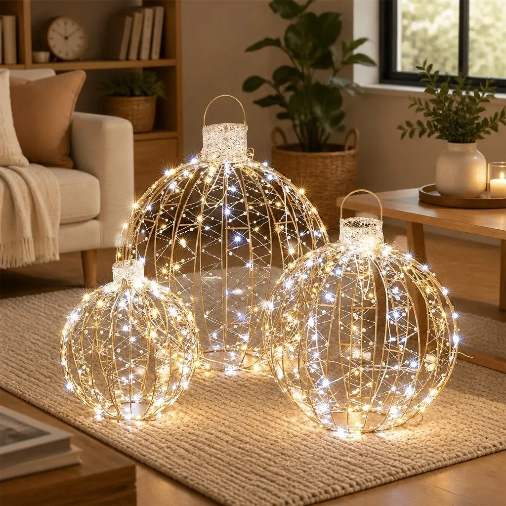 Christmas Lights 360 LED Light Ball Outdoor Indoor Decorations 3 Piece Warm White Waterproof Steel Frame