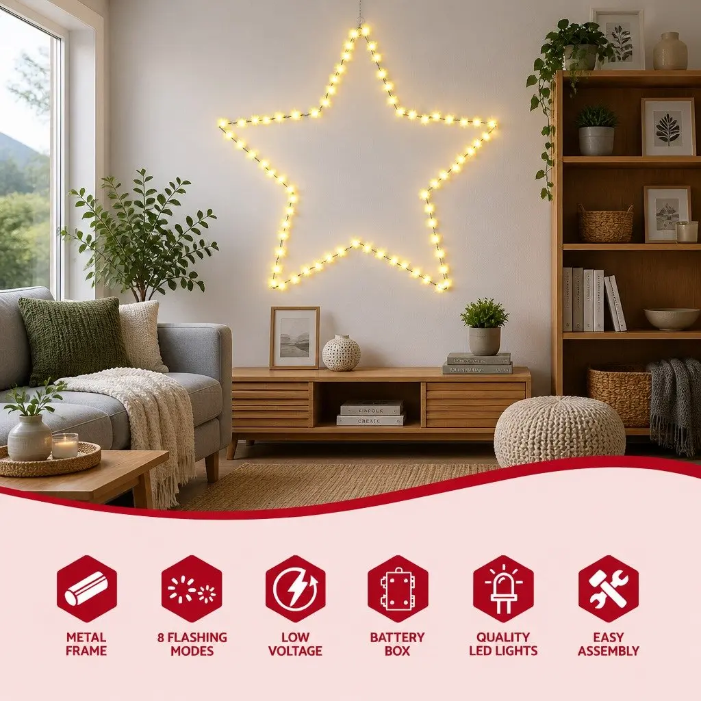 Star Christmas Light Decoration Metal 50cm Warm White 70 LED Indoor Outdoor
