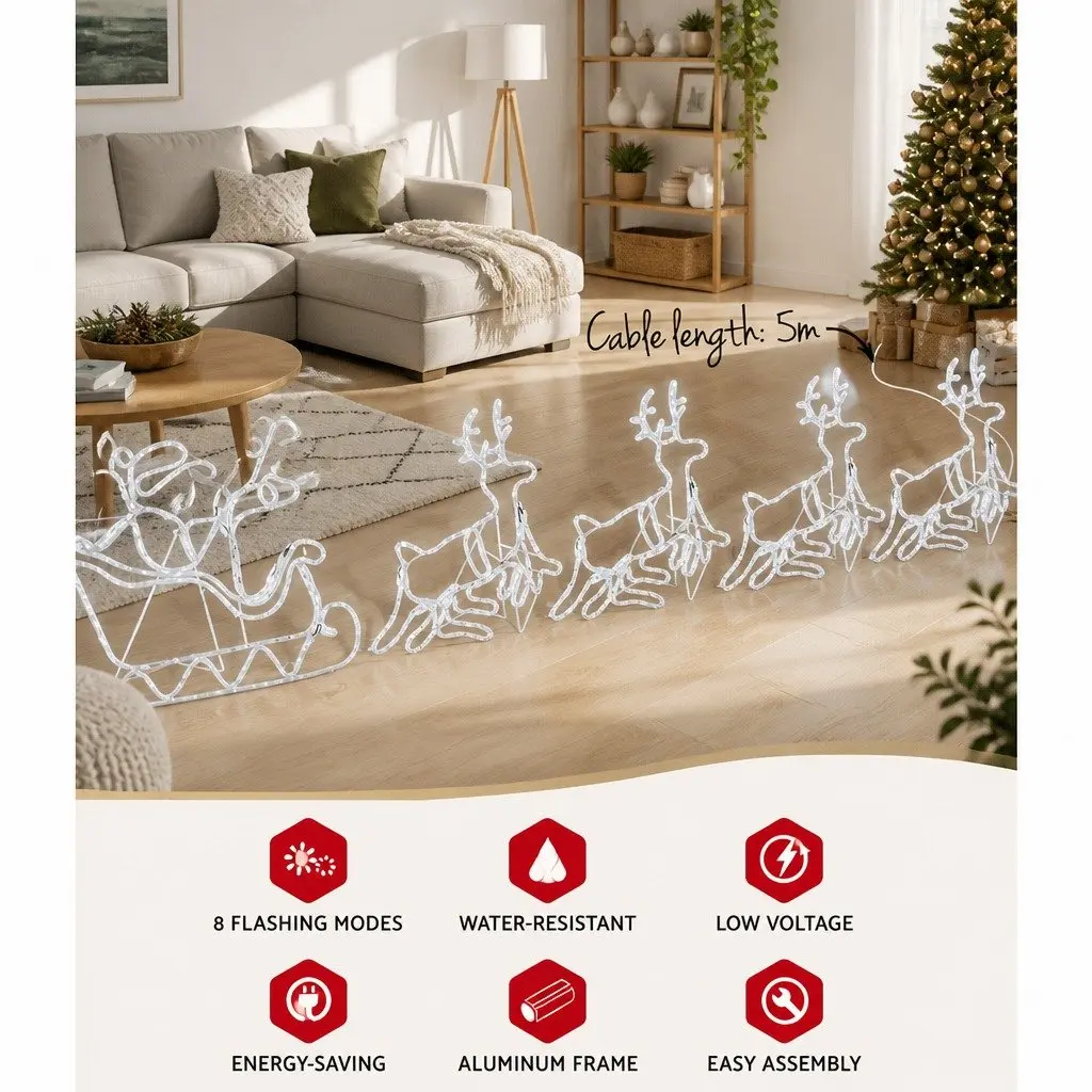 Christmas Lights LED Multi-coloured Reindeer Sleigh 71cm x 69cm 85cm x 77cm Steel White Red Yellow