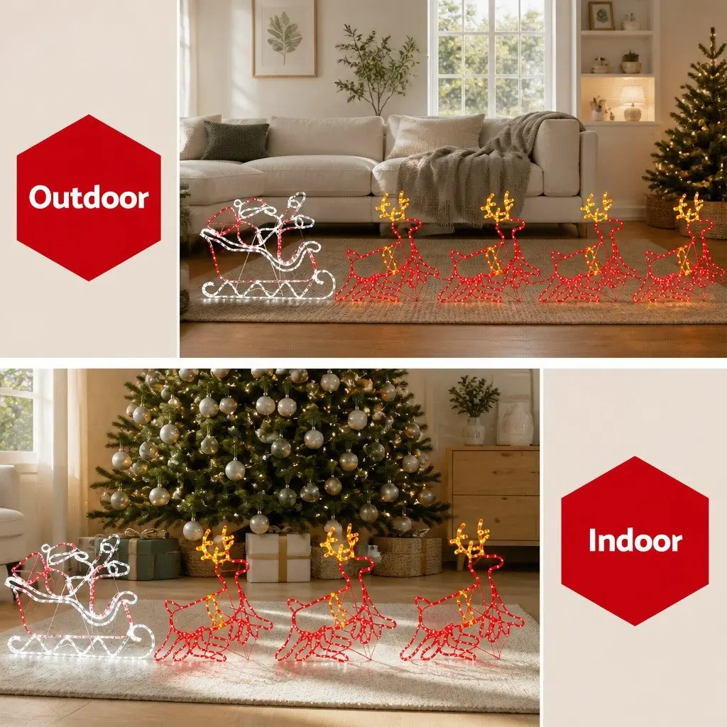 Christmas Lights LED Multi-coloured Reindeer Sleigh 71cm x 69cm 85cm x 77cm Steel White Red Yellow