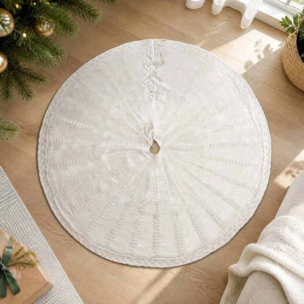 90cm Beige Christmas Tree Skirt with Bow-Knot Straps