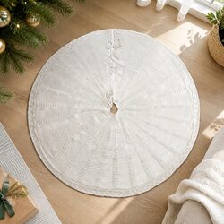 90cm Beige Christmas Tree Skirt with Bow-Knot Straps