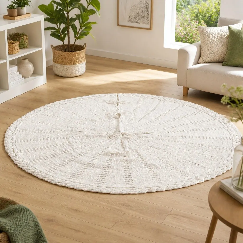 90cm Beige Christmas Tree Skirt with Bow-Knot Straps