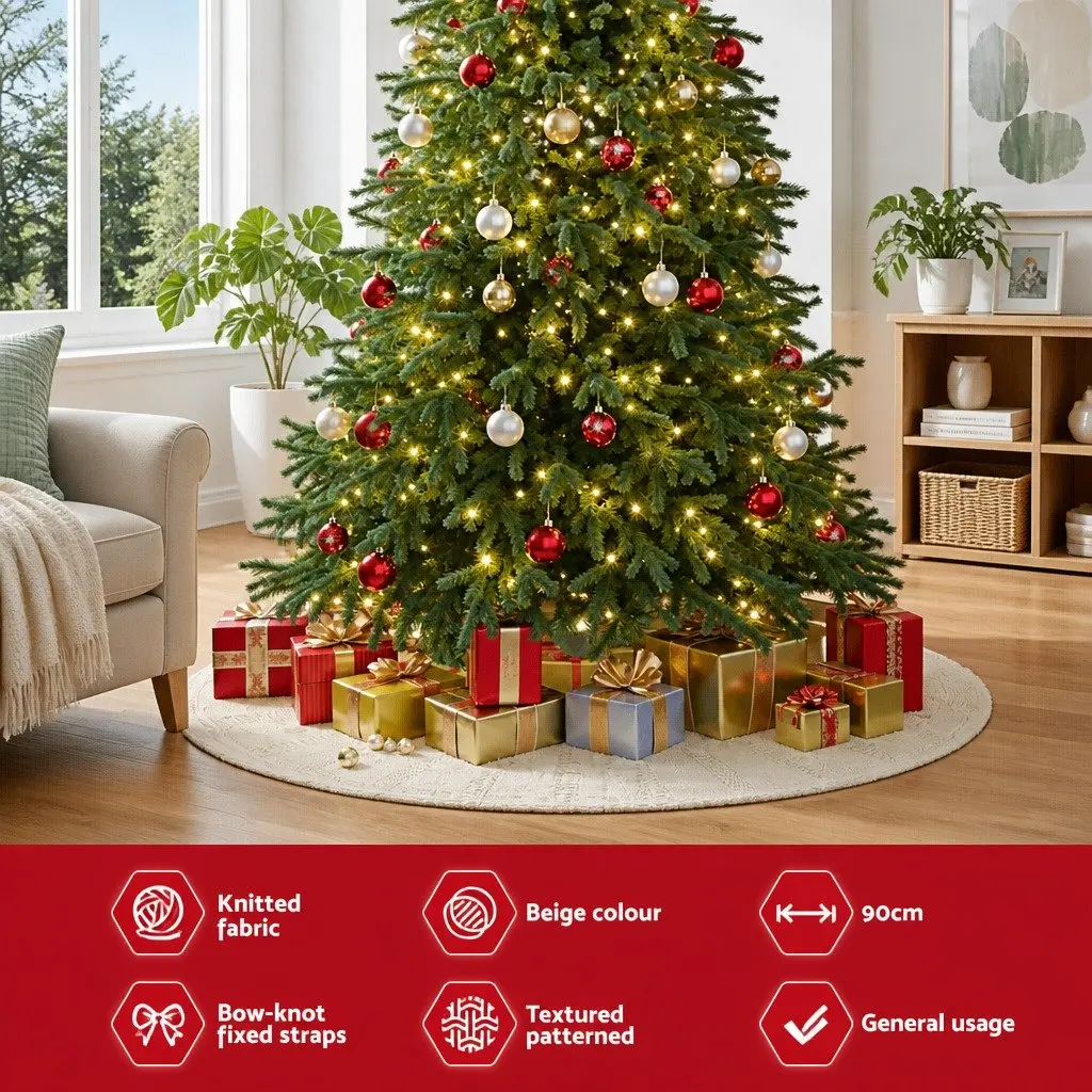 90cm Beige Christmas Tree Skirt with Bow-Knot Straps