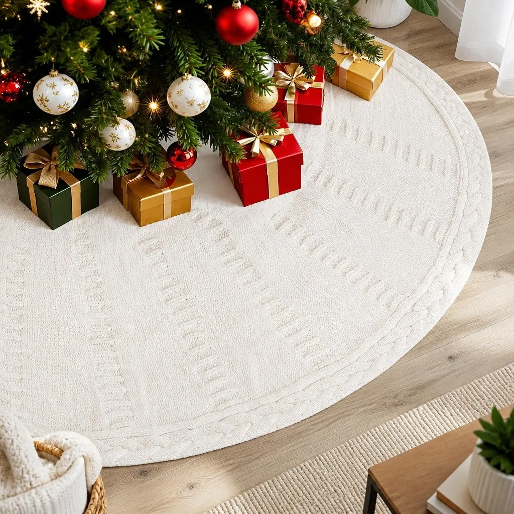 90cm Beige Christmas Tree Skirt with Bow-Knot Straps