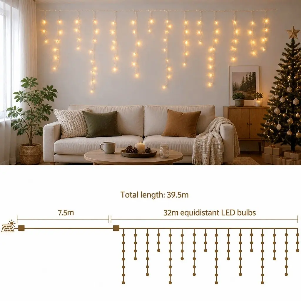 Icicle Christmas Lights 32M Solar Powered Warm White LED Outdoor Decoration 960 Bulbs