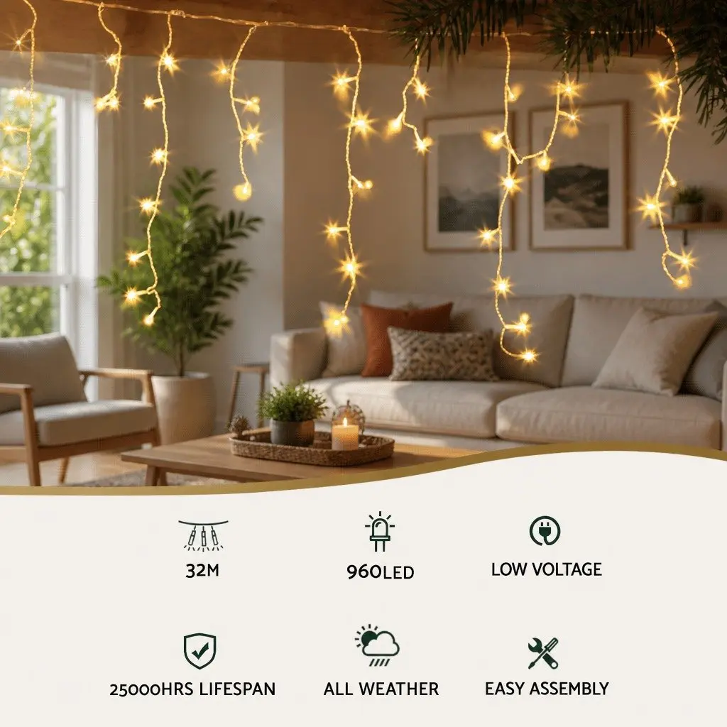 Icicle Christmas Lights 32M Solar Powered Warm White LED Outdoor Decoration 960 Bulbs