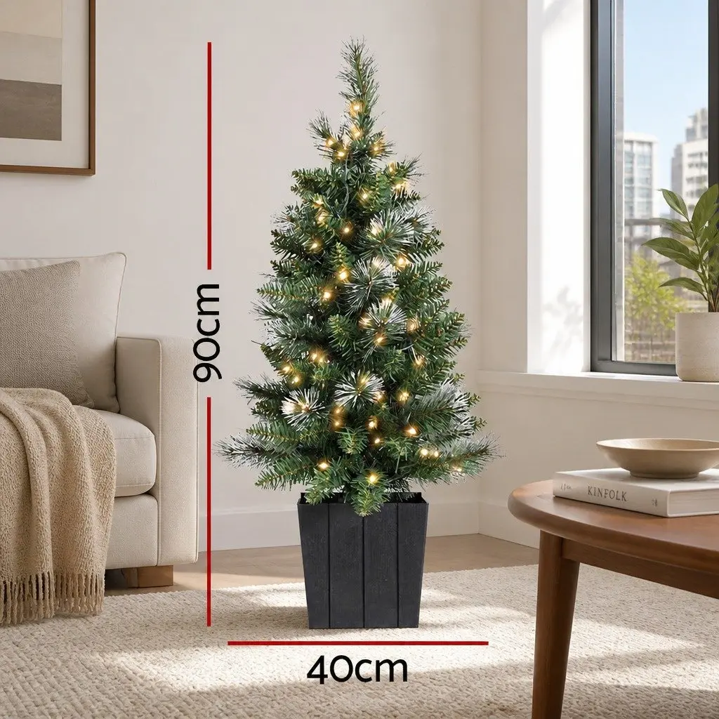 Christmas Potted Tree PVC 90cm Green with LED Lights Bucket Base