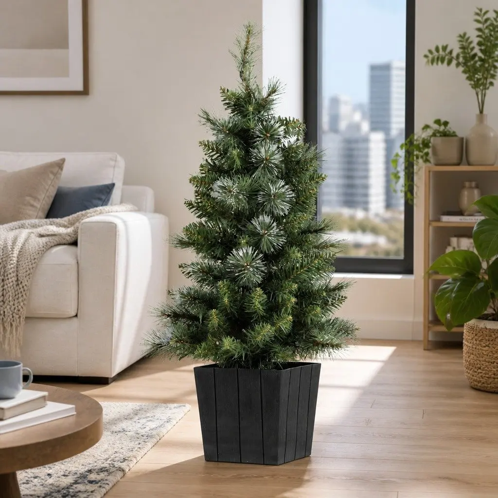 Christmas Potted Tree PVC 90cm Green with LED Lights Bucket Base