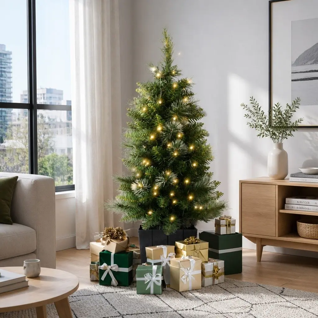 Christmas Potted Tree PVC 90cm Green with LED Lights Bucket Base
