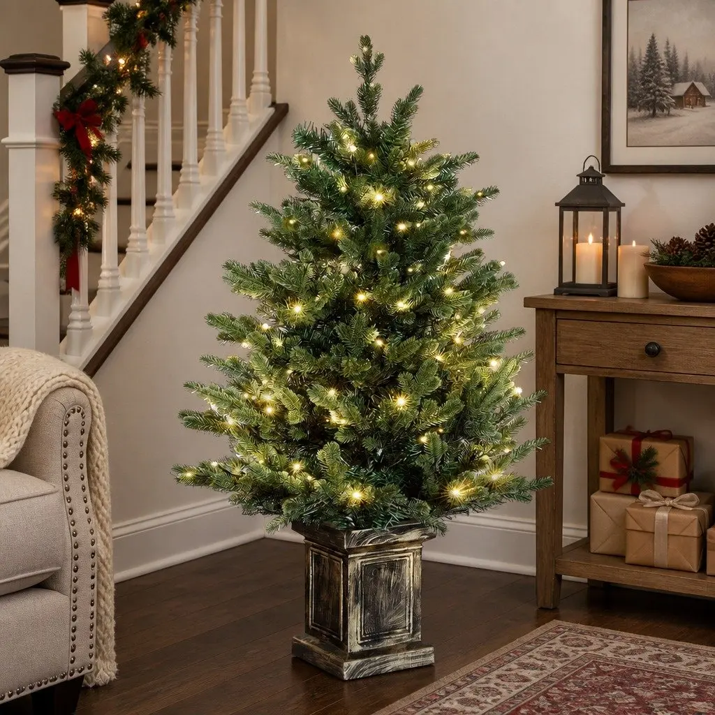 Pre-Lit Potted Christmas Tree Artificial 1.2M Green PE PVC