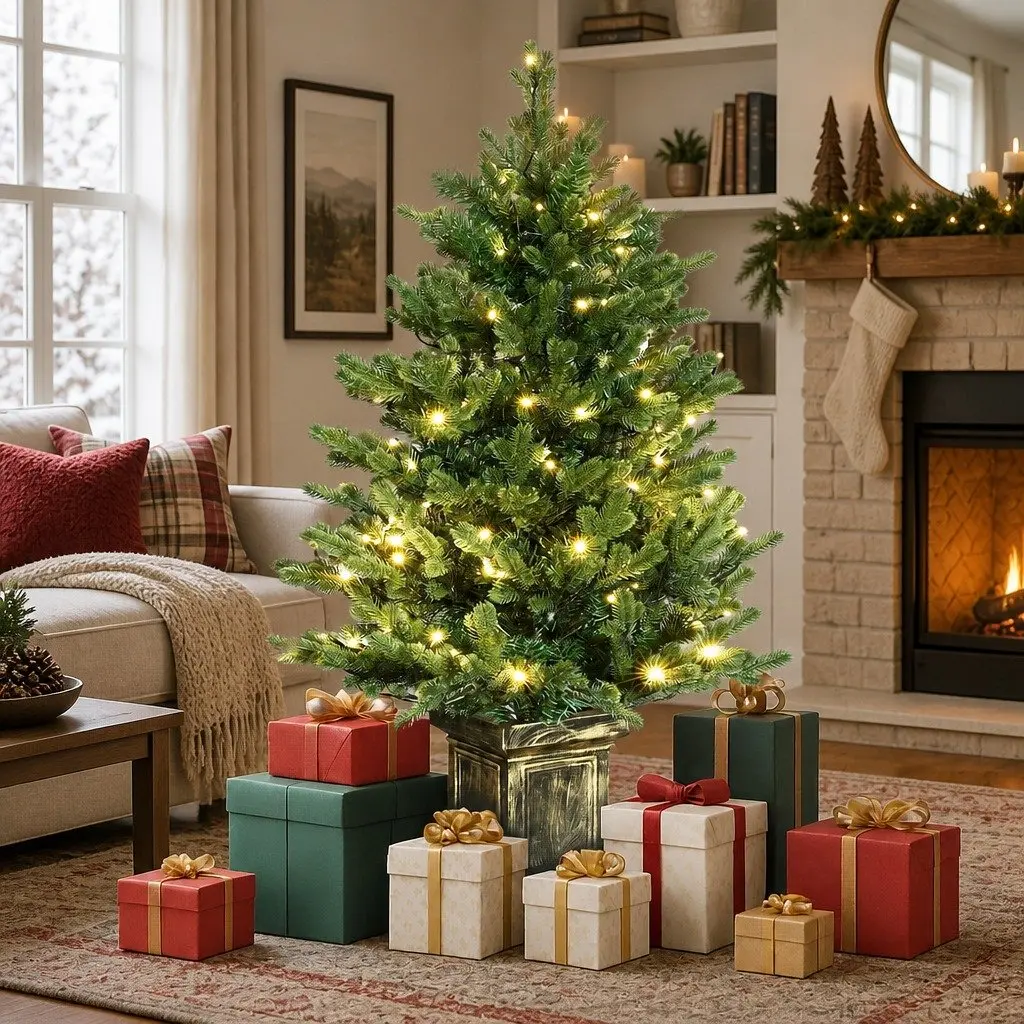 Pre-Lit Potted Christmas Tree Artificial 1.2M Green PE PVC
