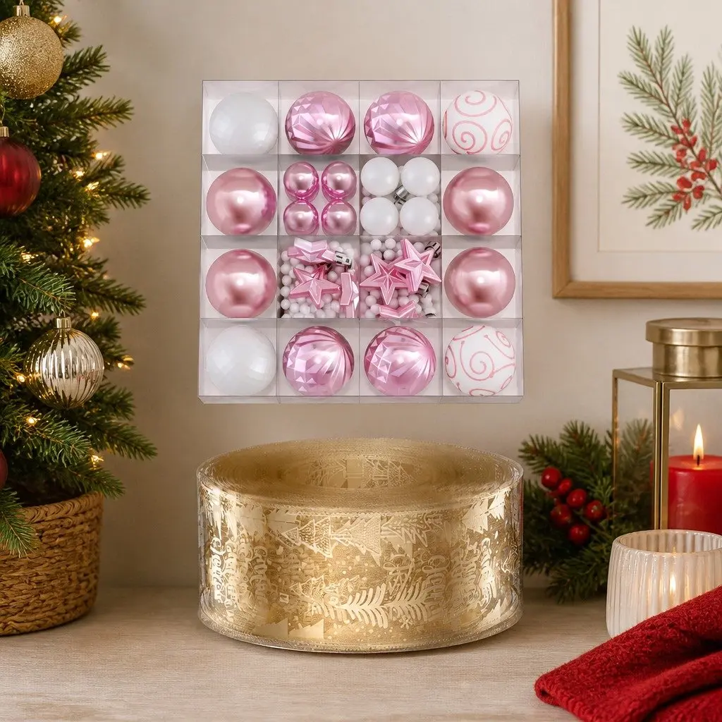 Christmas Tree Decoration Set PVC Plastic Nylon 34 Piece Gold Pink White