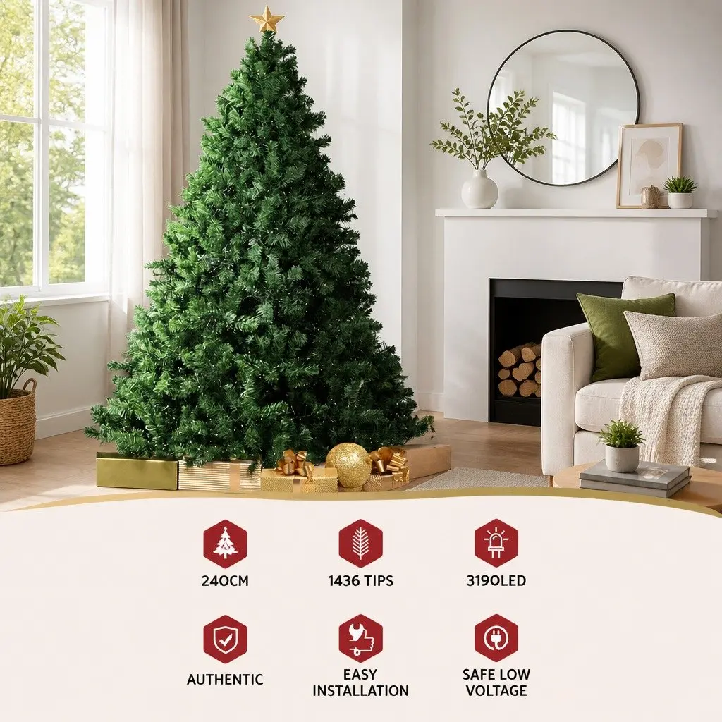 Pre-Lit Christmas Tree Faux Fir 2.4M Green with 3190 LEDs 8 Light Modes Indoor Decoration
