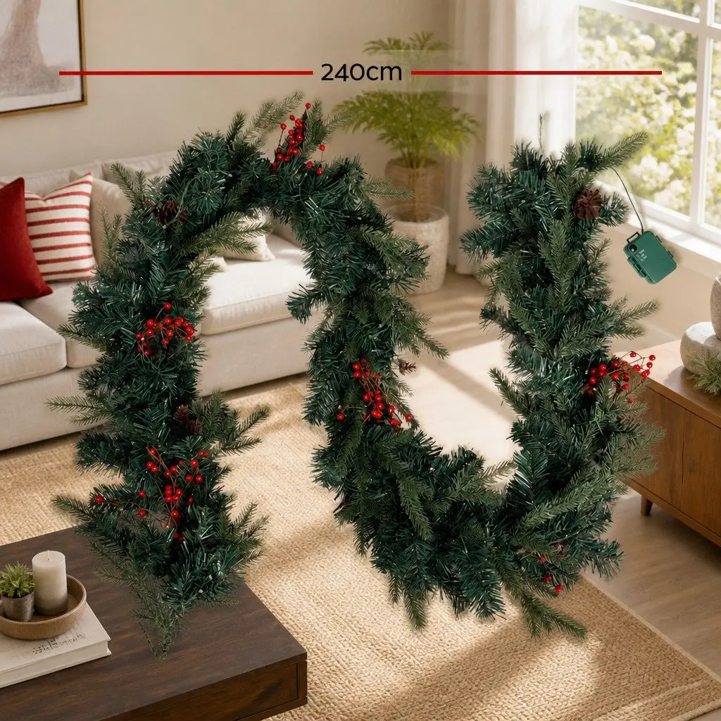 Christmas Garland Pre-lit LED Lights 2.4m Warm White Artificial Red Berries Pine Cones Indoor Outdoor