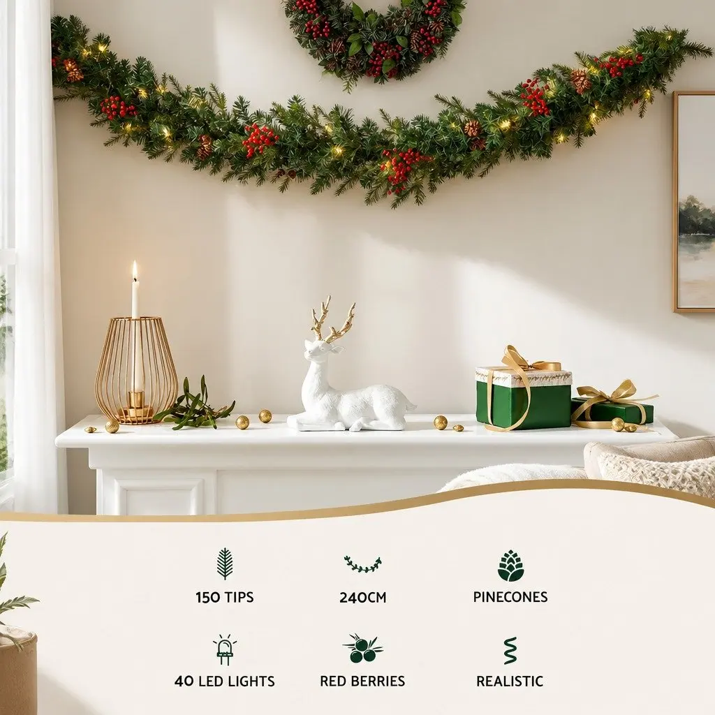 Christmas Garland Pre-lit LED Lights 2.4m Warm White Artificial Red Berries Pine Cones Indoor Outdoor