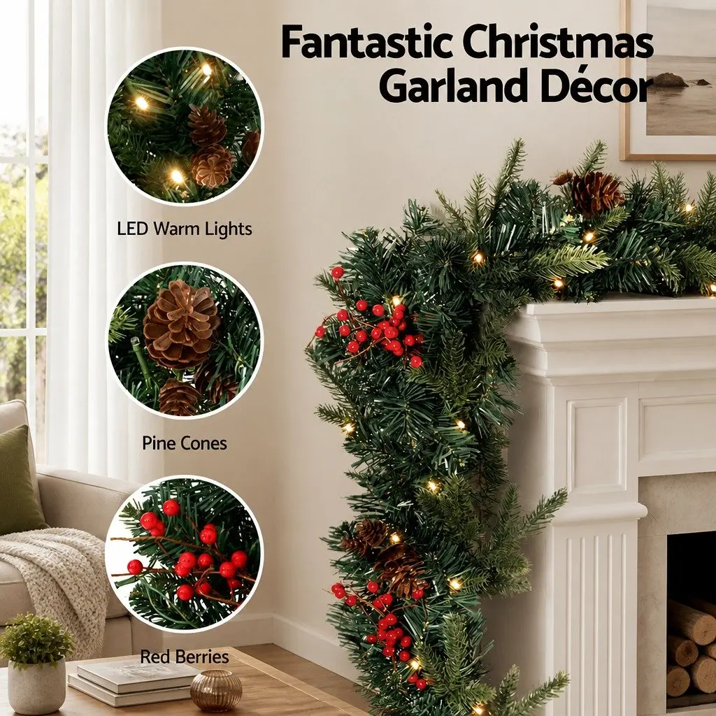 Christmas Garland Pre-lit LED Lights 2.4m Warm White Artificial Red Berries Pine Cones Indoor Outdoor