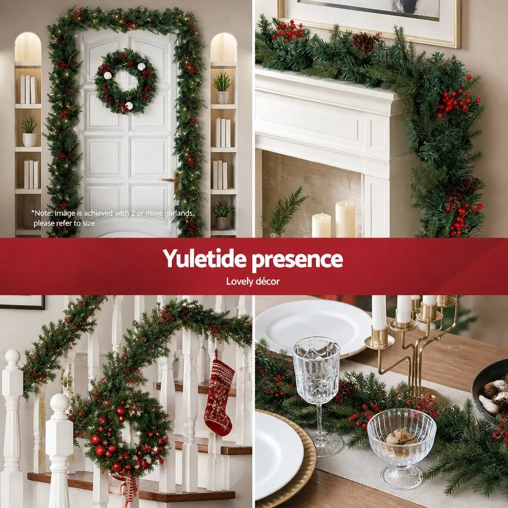 Christmas Garland Pre-lit LED Lights 2.4m Warm White Artificial Red Berries Pine Cones Indoor Outdoor