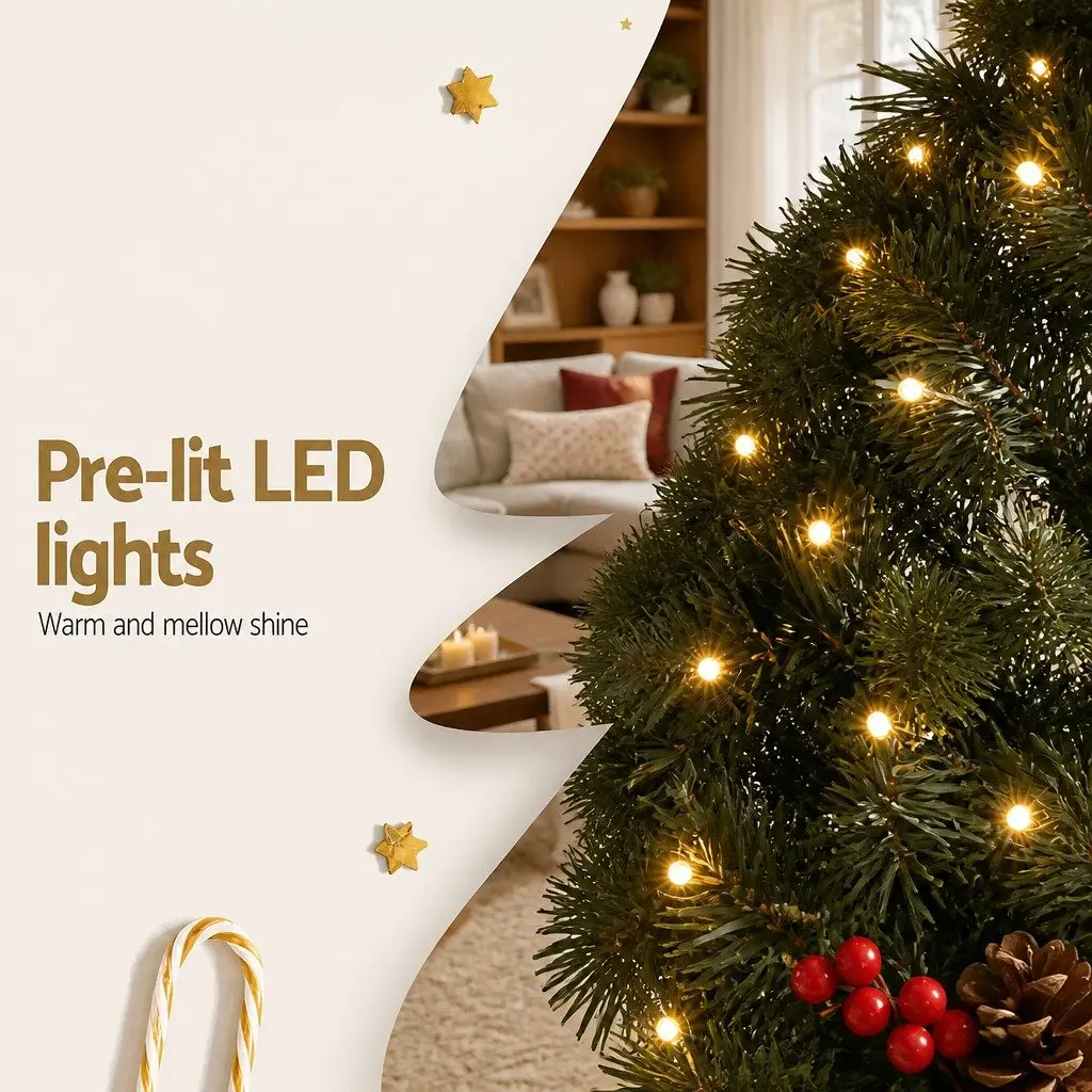 Christmas Garland Pre-lit LED Lights 2.4m Warm White Artificial Red Berries Pine Cones Indoor Outdoor