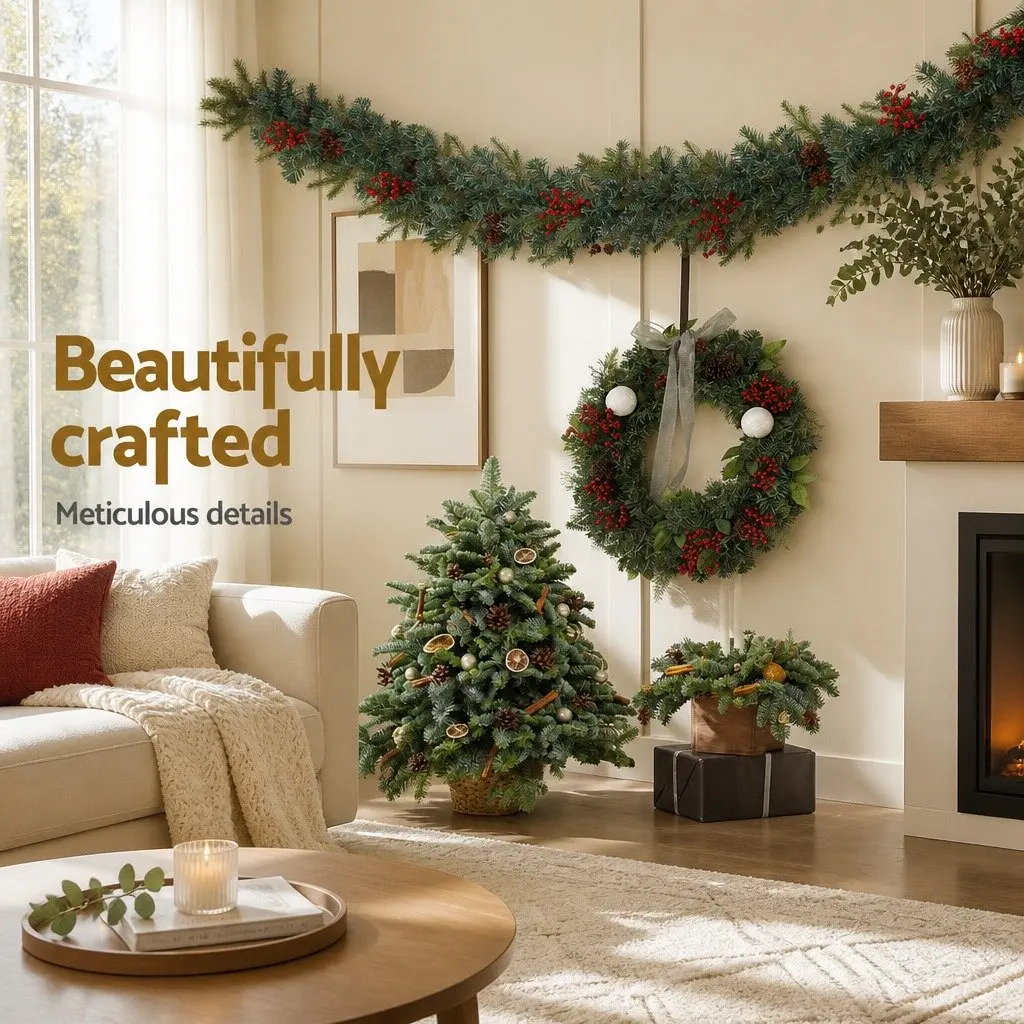 Christmas Garland Pre-lit LED Lights 2.4m Warm White Artificial Red Berries Pine Cones Indoor Outdoor