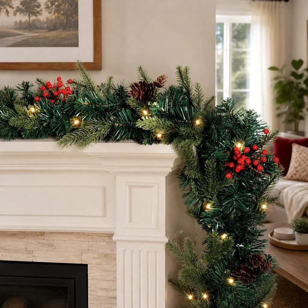 Christmas Garland Pre-lit LED Lights 2.4m Warm White Artificial Red Berries Pine Cones Indoor Outdoor