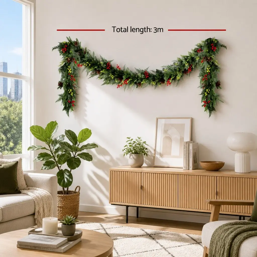 Christmas Garland PE 3 Metre Green Warm White LED Lights Pine Cones Berries Indoor Outdoor