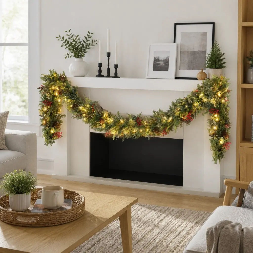 Christmas Garland PE 3 Metre Green Warm White LED Lights Pine Cones Berries Indoor Outdoor