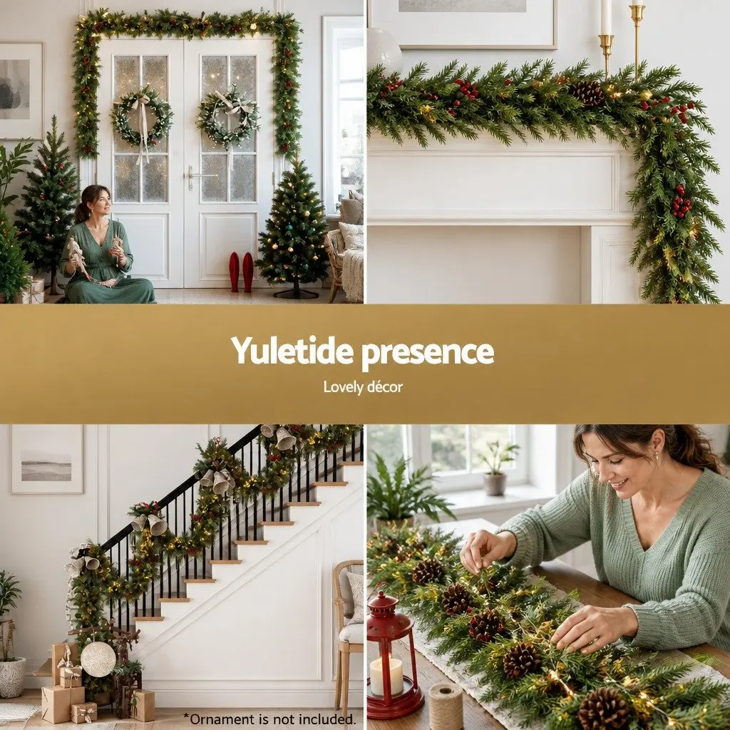 Christmas Garland PE 3 Metre Green Warm White LED Lights Pine Cones Berries Indoor Outdoor