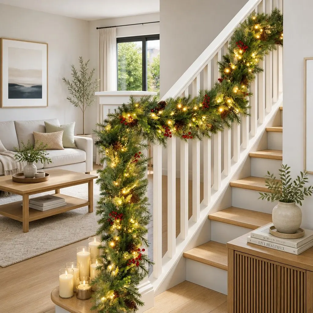 Christmas Garland PE 3 Metre Green Warm White LED Lights Pine Cones Berries Indoor Outdoor