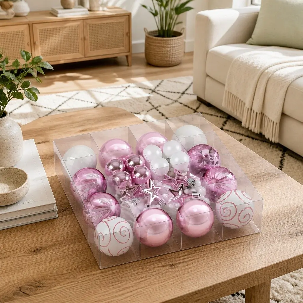 33-Piece Pink and White Christmas Tree Ornament Set