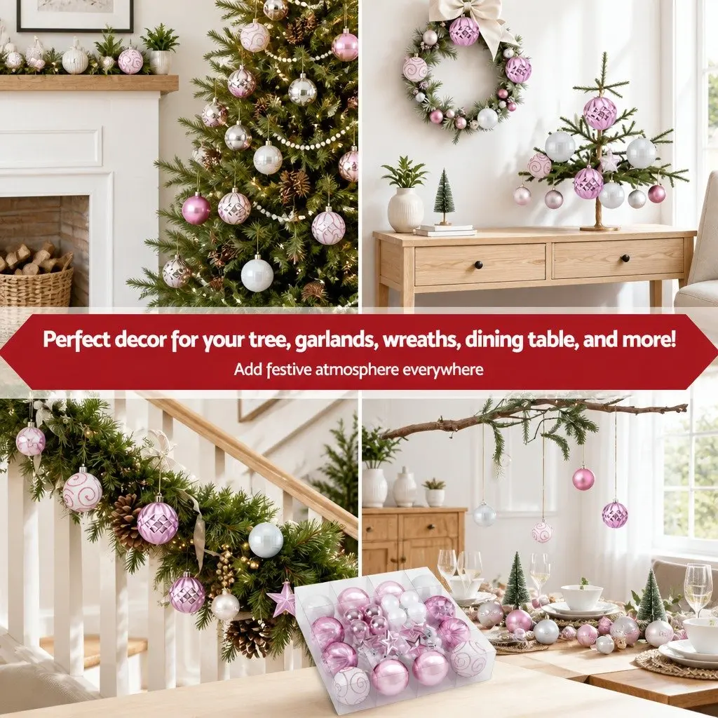 Christmas Tree Decorations PVC Plastic 33 Piece Baubles Ornaments Stars Garland Pink White