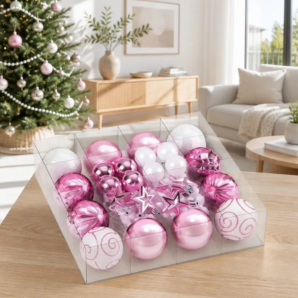 Christmas Tree Decorations PVC Plastic 33 Piece Baubles Ornaments Stars Garland Pink White