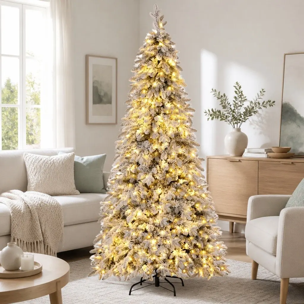 Christmas Pencil Tree 2.1m Flocked 860 Tips 350 LED Lights Slim Design Xmas