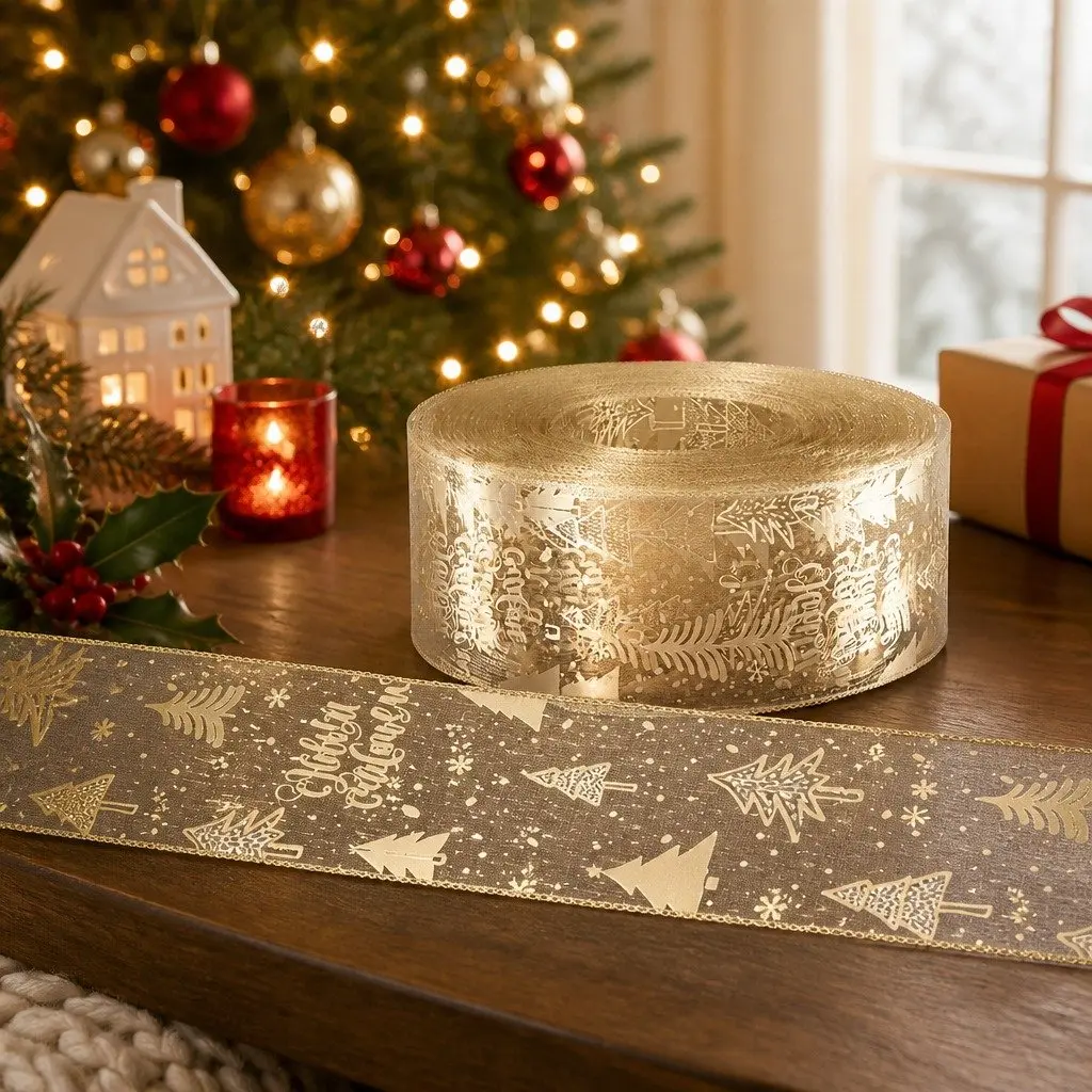 Christmas Tree Ribbon Nylon 20M Gold Decorative Roll