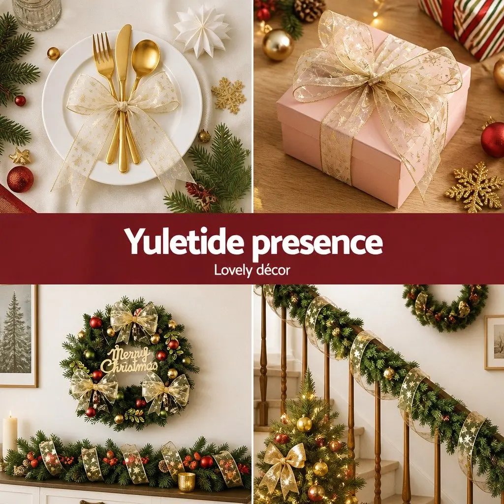 Christmas Tree Ribbon Nylon 20M Gold Decorative Roll