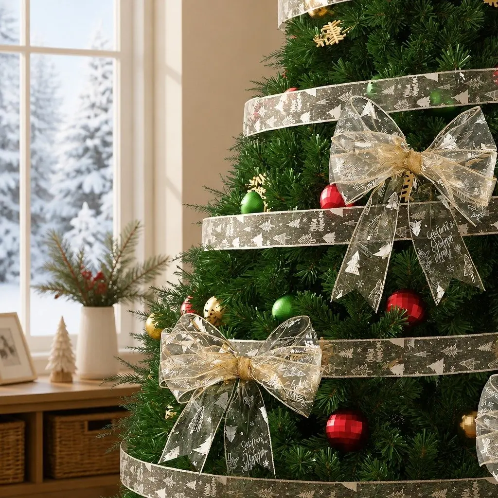 Christmas Tree Ribbon Nylon 20M Gold Decorative Roll