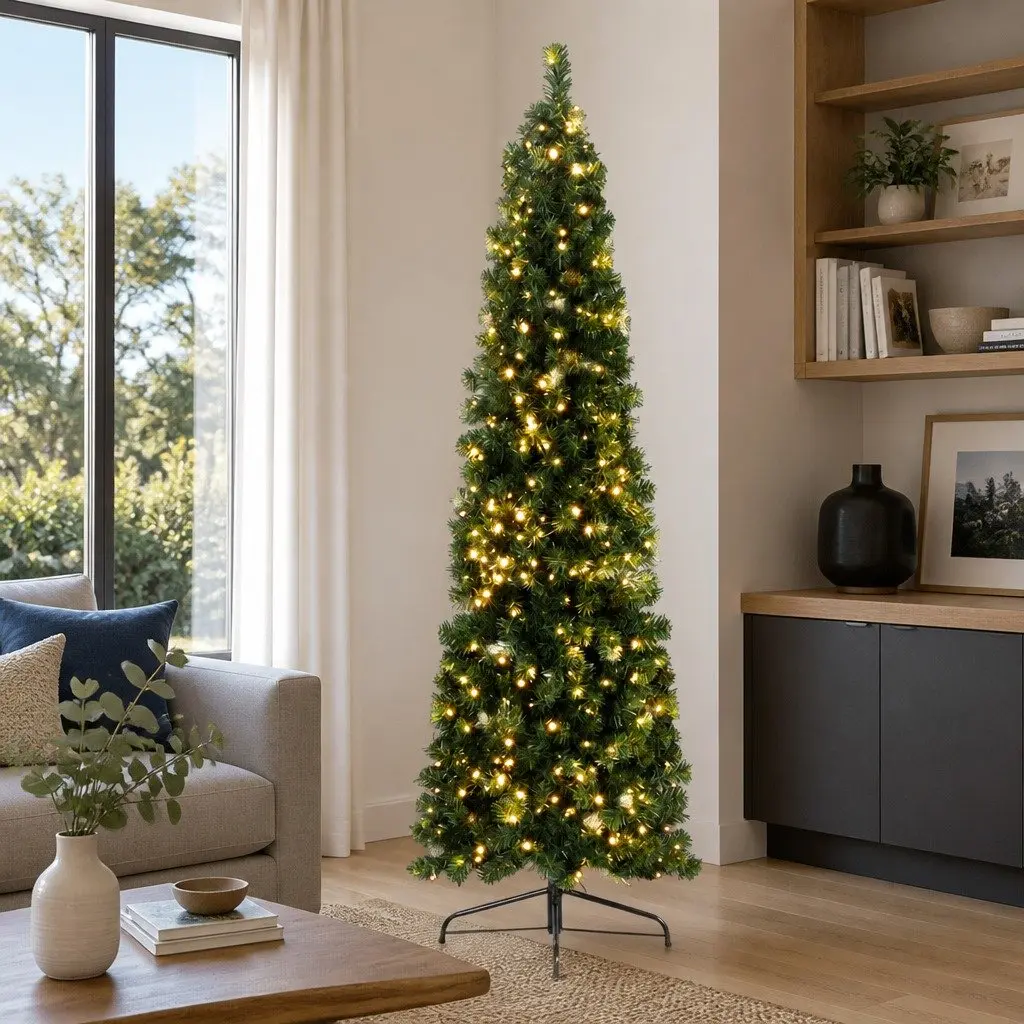 Half Corner Christmas Tree PVC 2.1M Green Pre-lit with 250 Warm White LED Bulbs 430 Tips