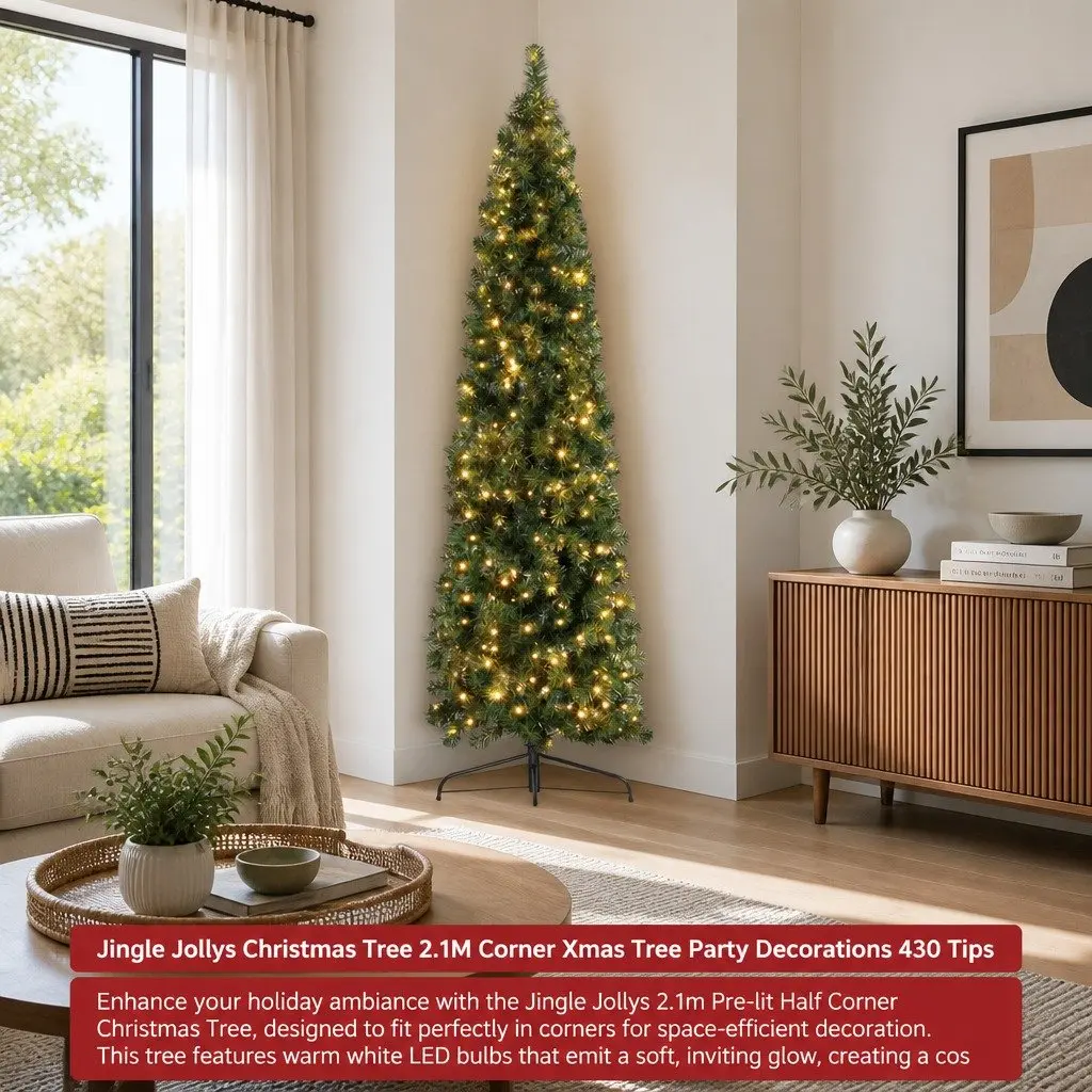 Half Corner Christmas Tree PVC 2.1M Green Pre-lit with 250 Warm White LED Bulbs 430 Tips
