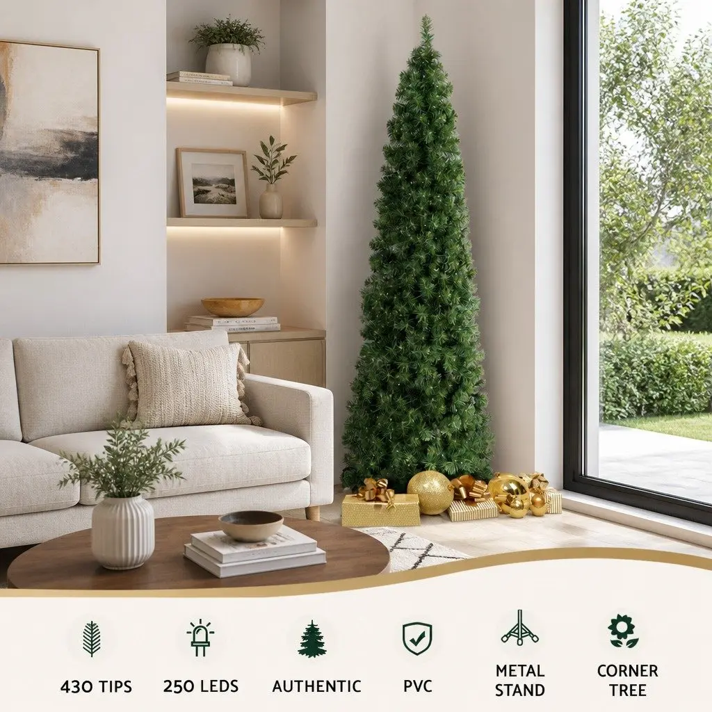 Half Corner Christmas Tree PVC 2.1M Green Pre-lit with 250 Warm White LED Bulbs 430 Tips