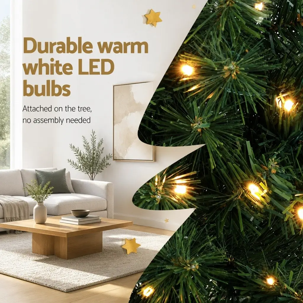 Half Corner Christmas Tree PVC 2.1M Green Pre-lit with 250 Warm White LED Bulbs 430 Tips