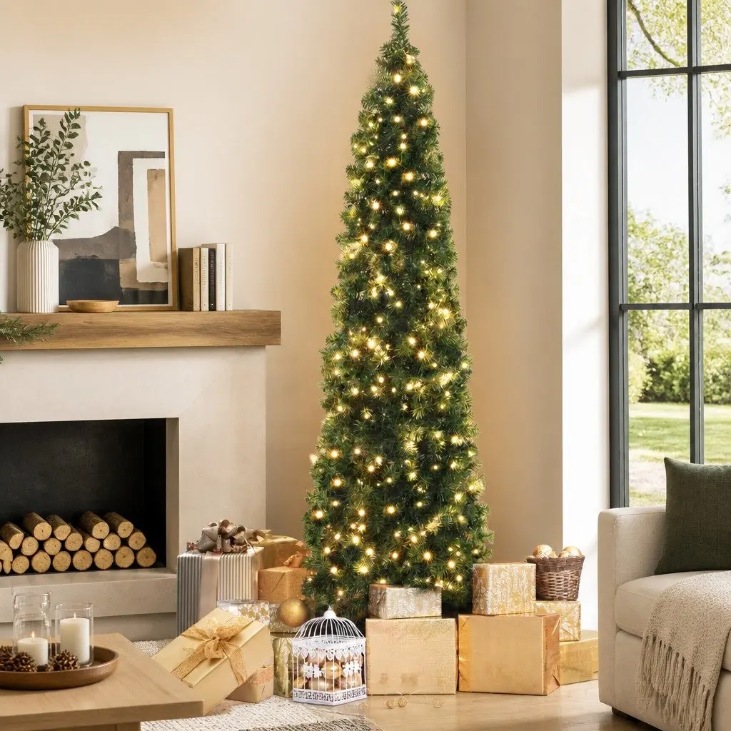 Half Corner Christmas Tree PVC 2.1M Green Pre-lit with 250 Warm White LED Bulbs 430 Tips