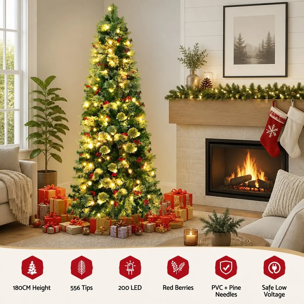 Christmas Tree PVC 180cm Red Berries LED 6FT